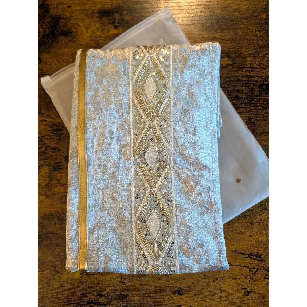Champagne Crushed NEW Velvet Table Runner Gold Sequin Embroidered 72 x 13.5 Posh